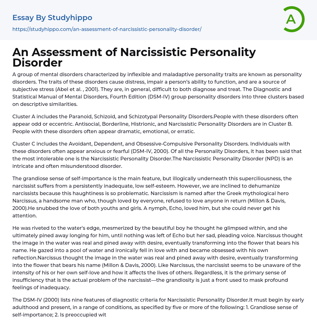 An Assessment of Narcissistic Personality Disorder Essay Example