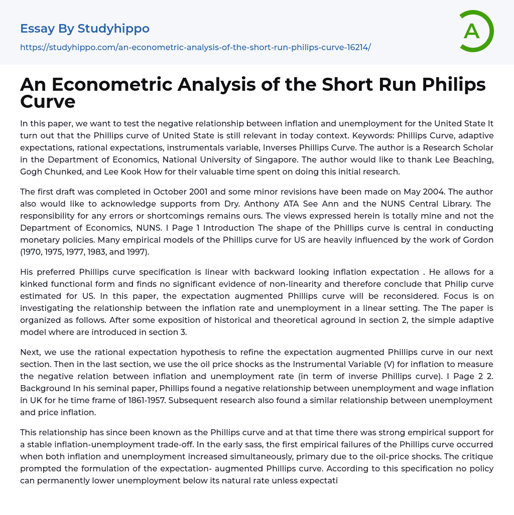 An Econometric Analysis of the Short Run Philips Curve Essay Example