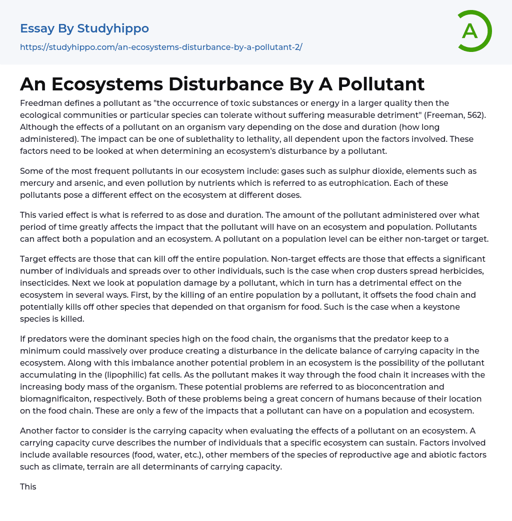 An Ecosystems Disturbance By A Pollutant Essay Example