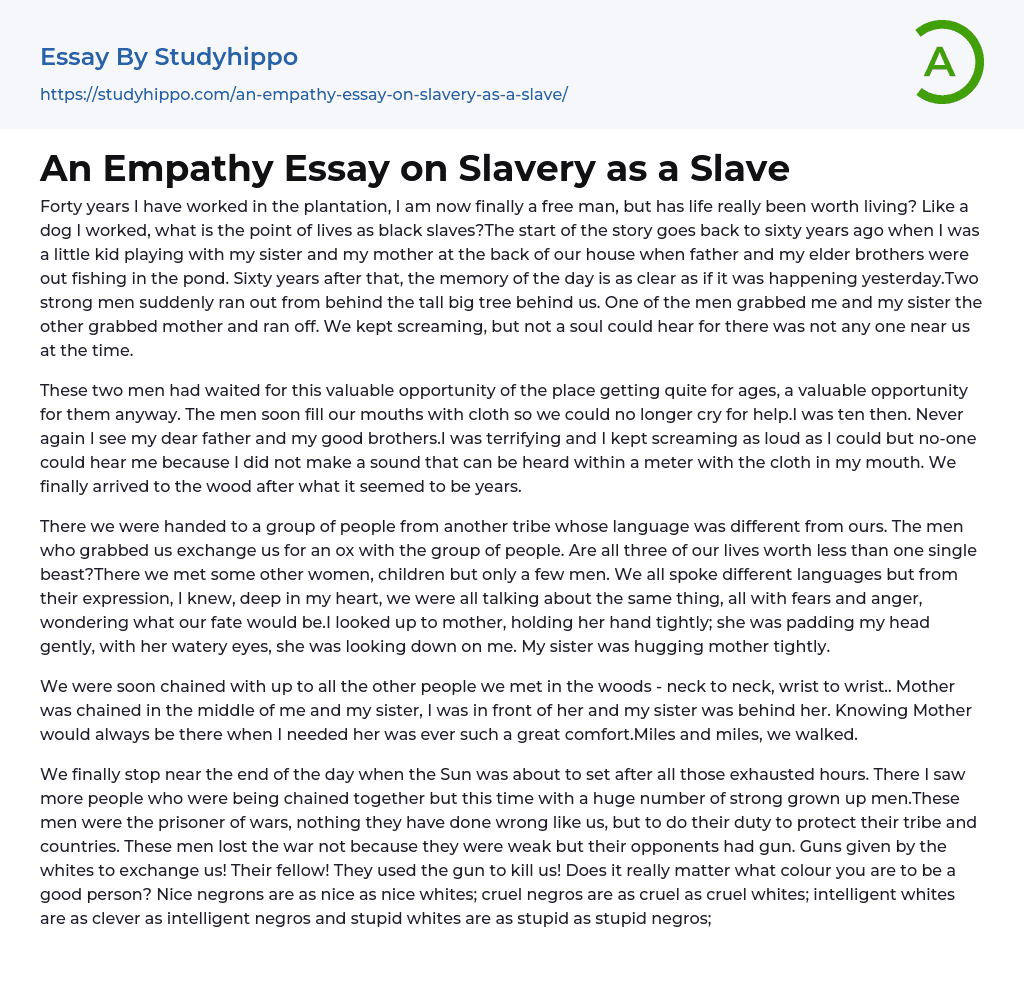 An Empathy Essay on Slavery as a Slave