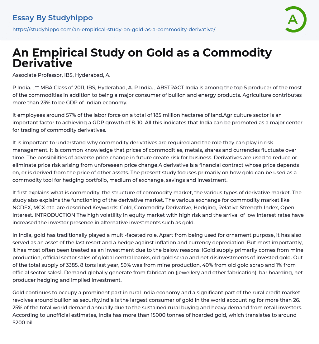 An Empirical Study on Gold as a Commodity Derivative Essay Example