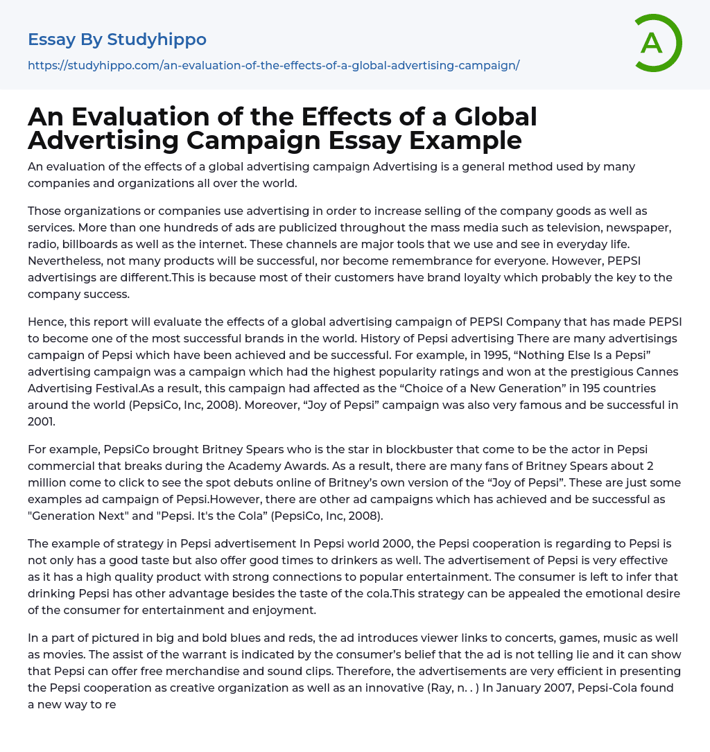 An Evaluation of the Effects of a Global Advertising Campaign Essay Example