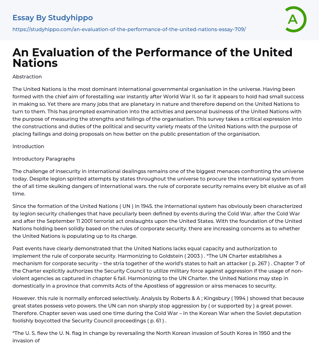 An Evaluation of the Performance of the United Nations Essay Example