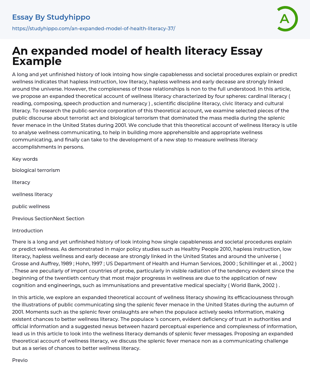 An expanded model of health literacy Essay Example