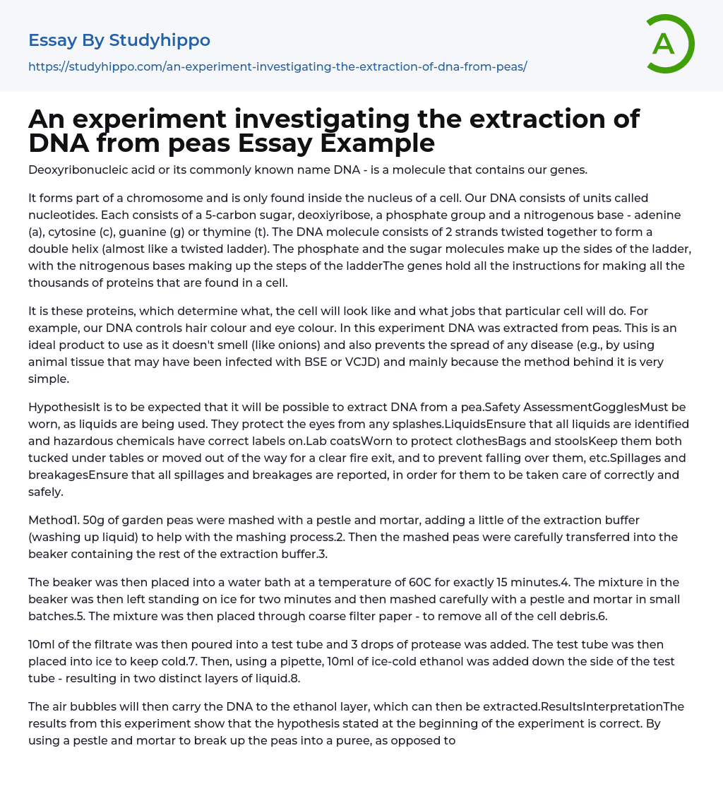 An experiment investigating the extraction of DNA from peas Essay Example