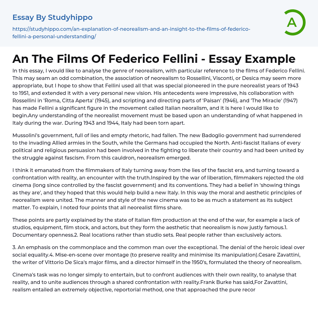An The Films Of Federico Fellini – Essay Example