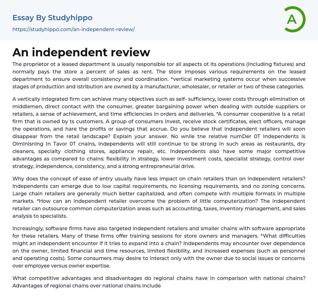 An independent review Essay Example
