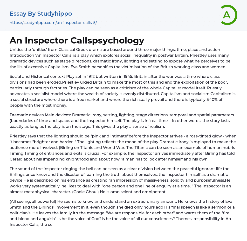 An Inspector Callspsychology Essay Example