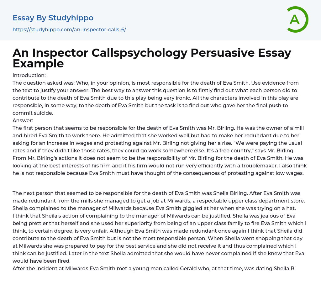 An Inspector Callspsychology Persuasive Essay Example