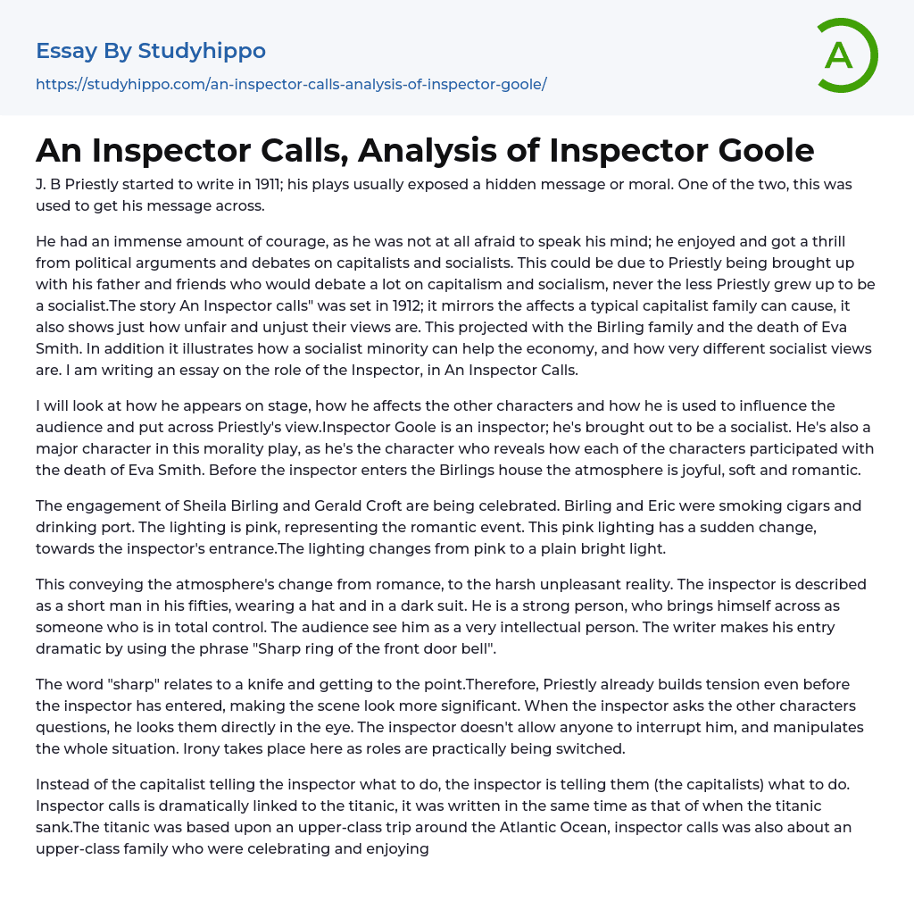 An Inspector Calls, Analysis of Inspector Goole Essay Example