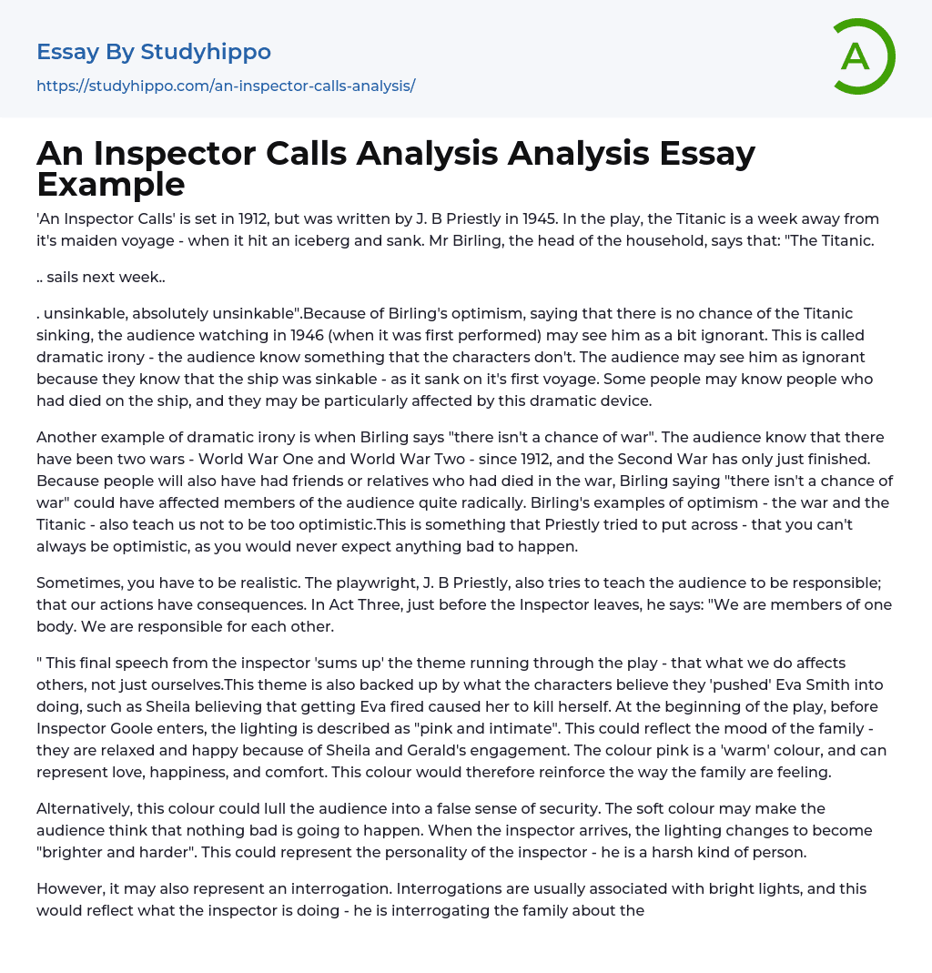 An Inspector Calls Analysis Analysis Essay Example