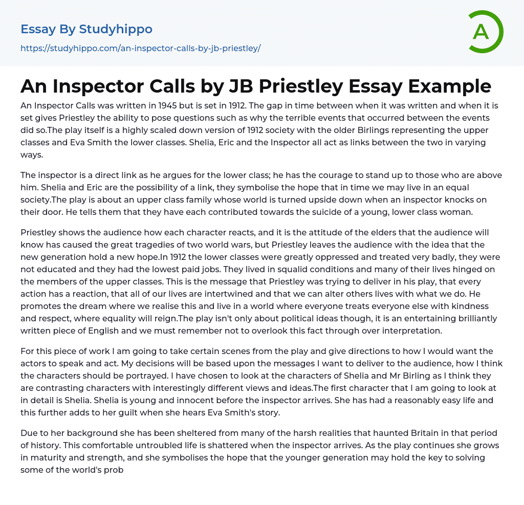 An Inspector Calls by JB Priestley Essay Example
