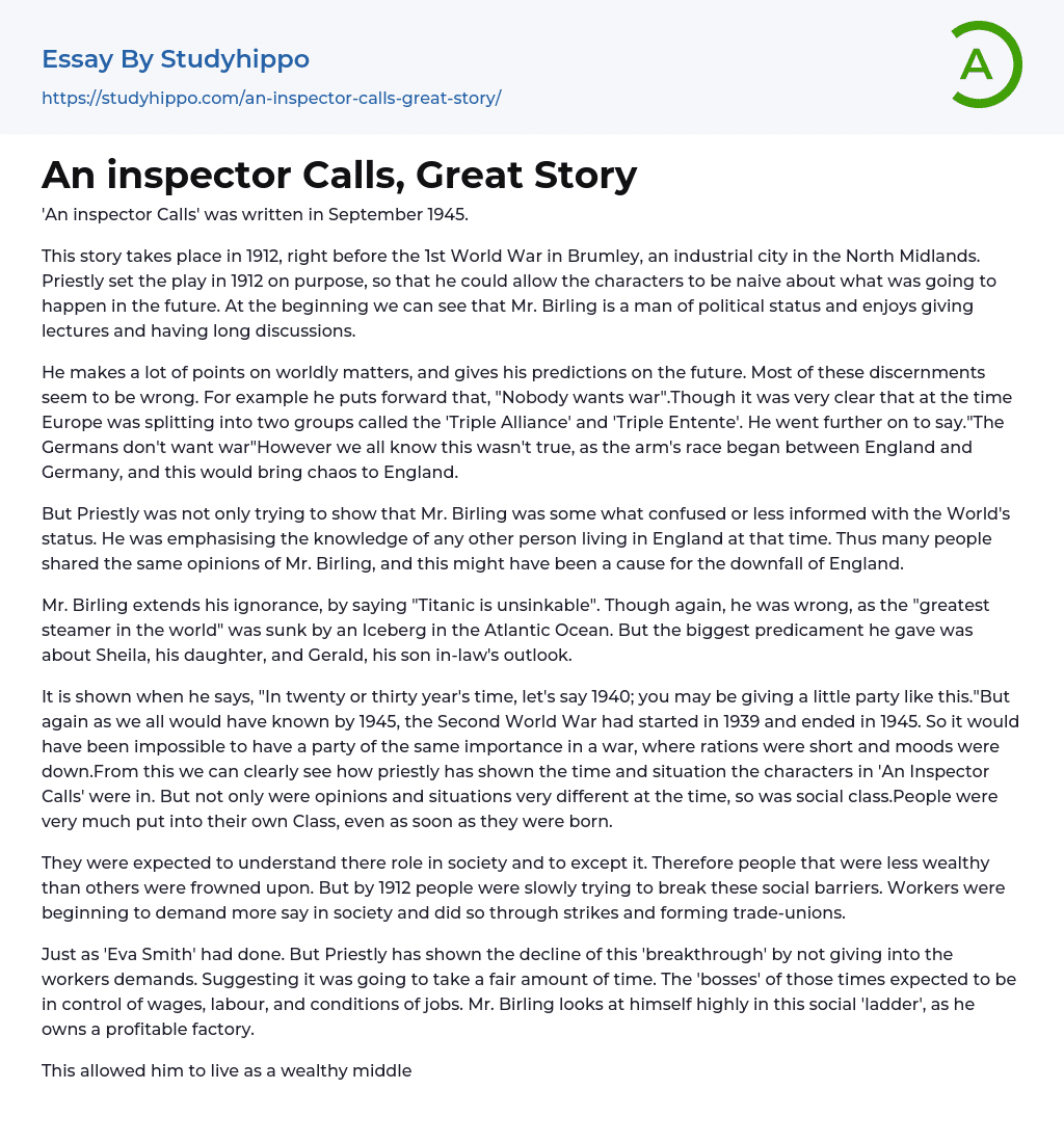 An inspector Calls, Great Story Essay Example