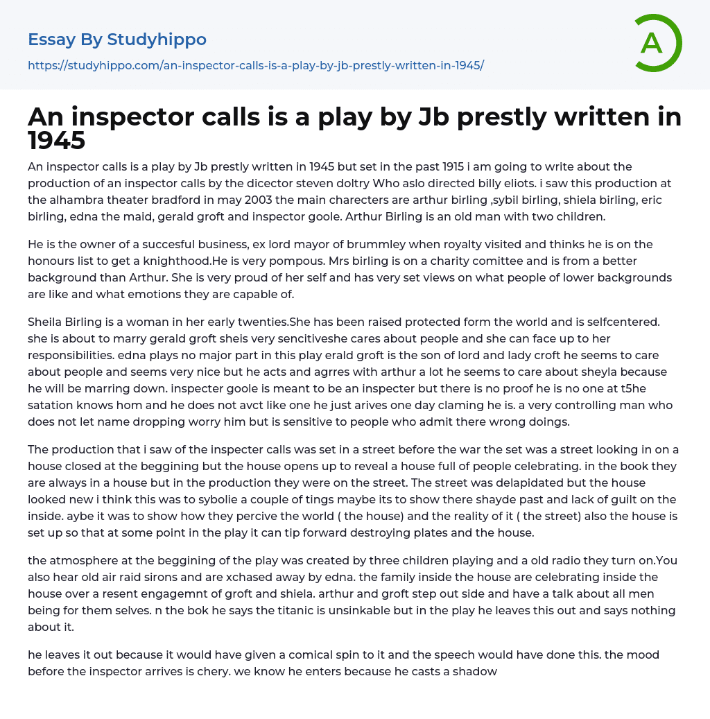 An inspector calls is a play by Jb prestly written in 1945 Essay Example
