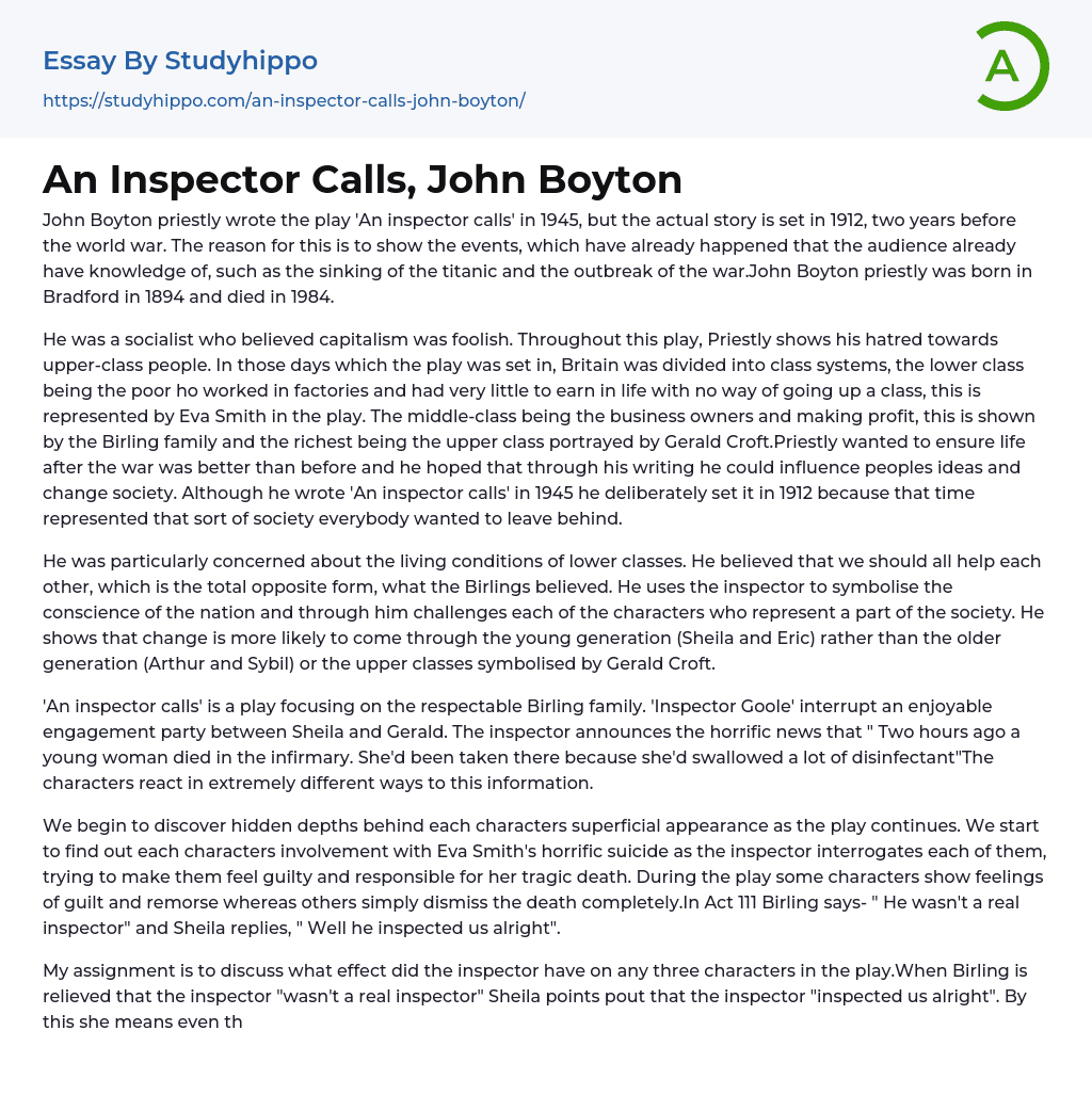 An Inspector Calls, John Boyton Essay Example