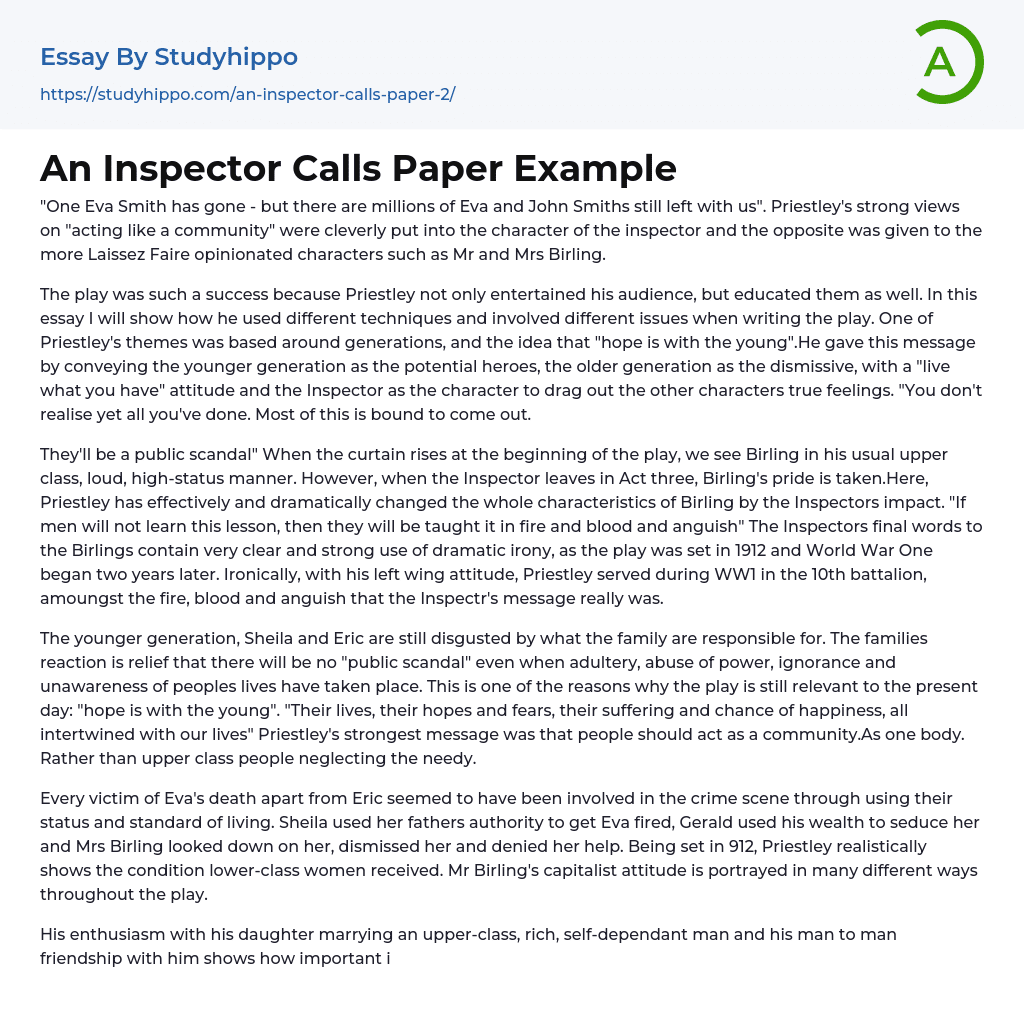 An Inspector Calls Paper Example Essay Example