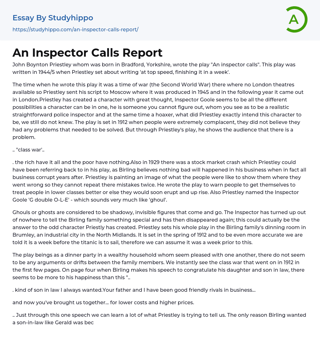 An Inspector Calls Report Essay Example