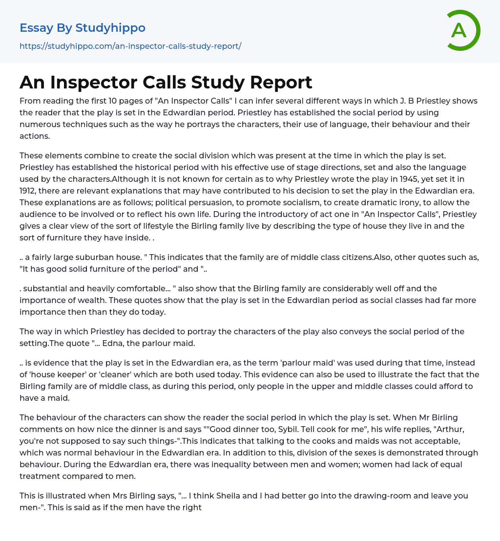 An Inspector Calls Study Report Essay Example