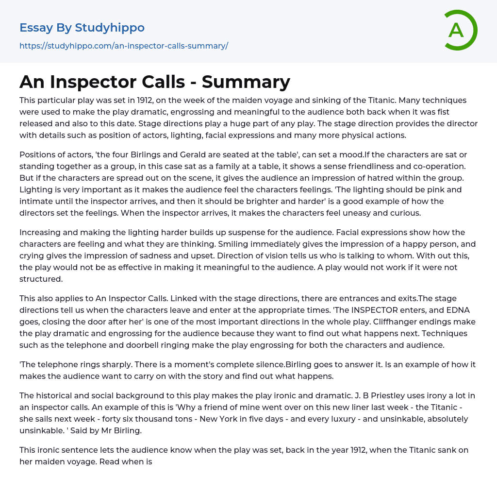 An Inspector Calls – Summary Essay Example