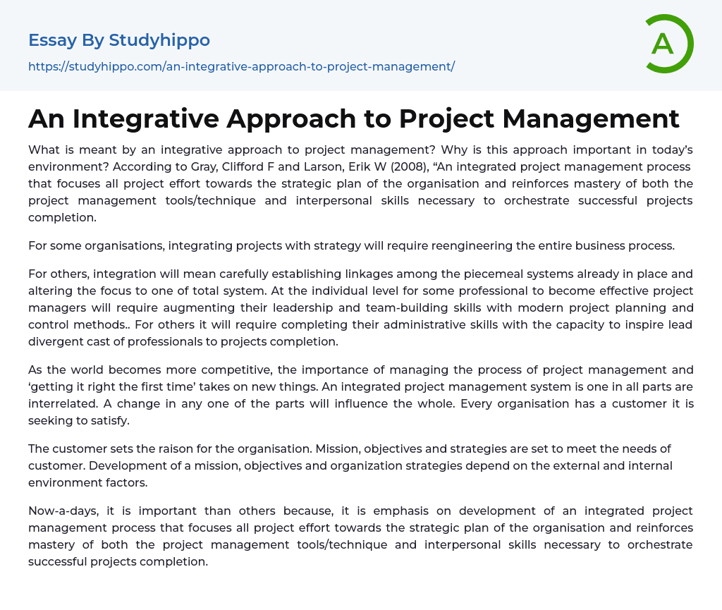 An Integrative Approach to Project Management Essay Example