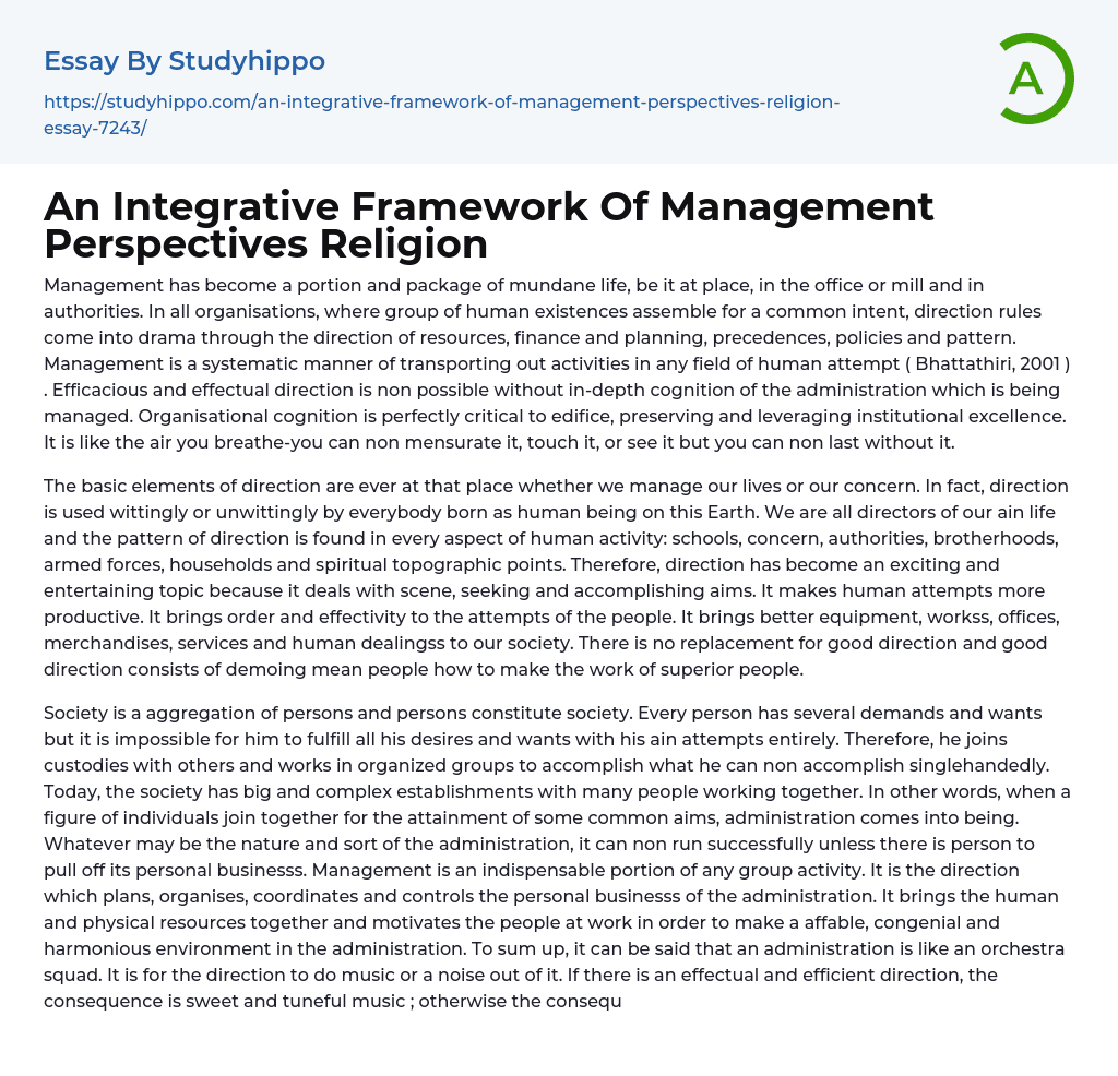 An Integrative Framework Of Management Perspectives Religion Essay Example