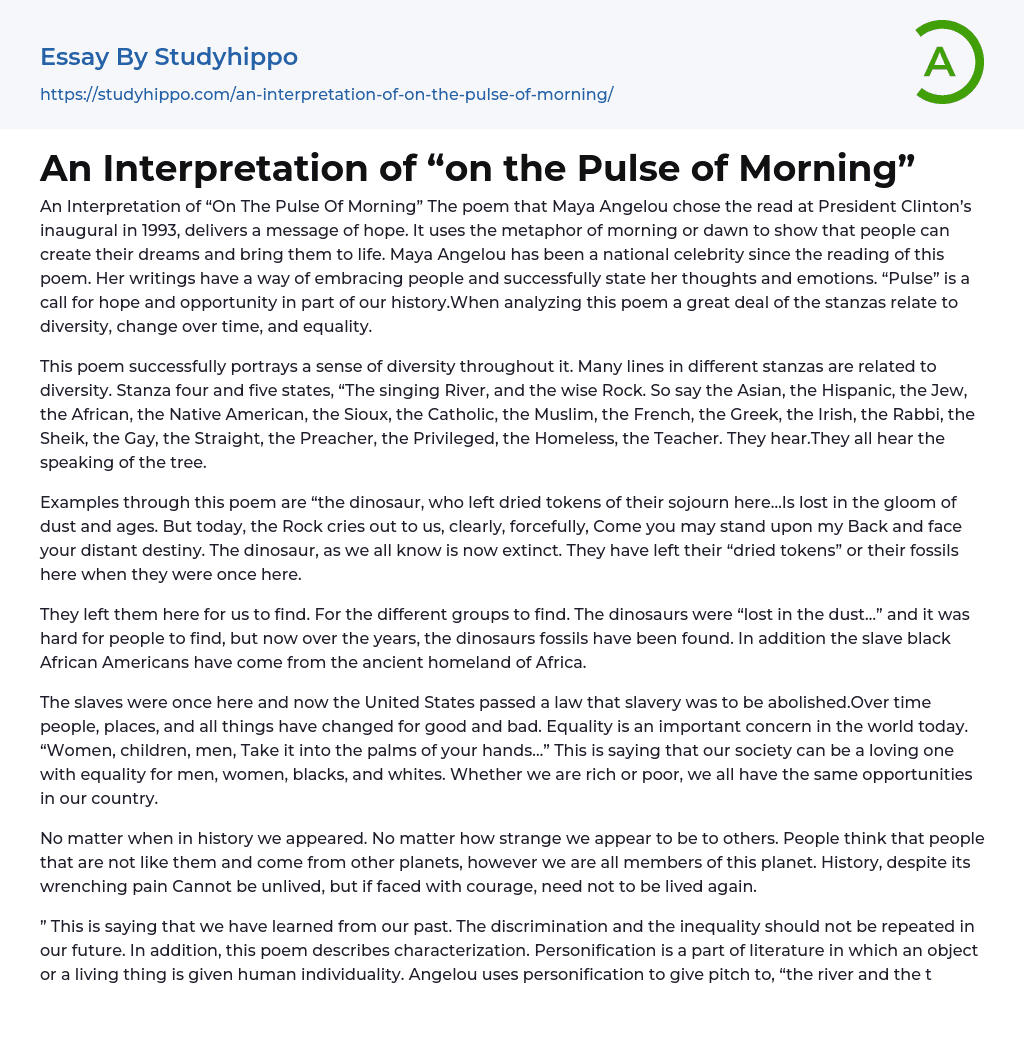 An Interpretation of “on the Pulse of Morning” Essay Example