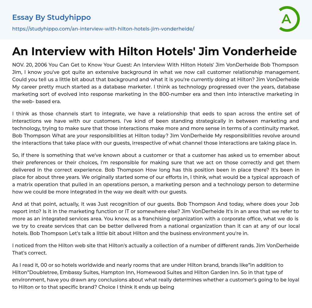 An Interview with Hilton Hotels’ Jim Vonderheide Essay Example