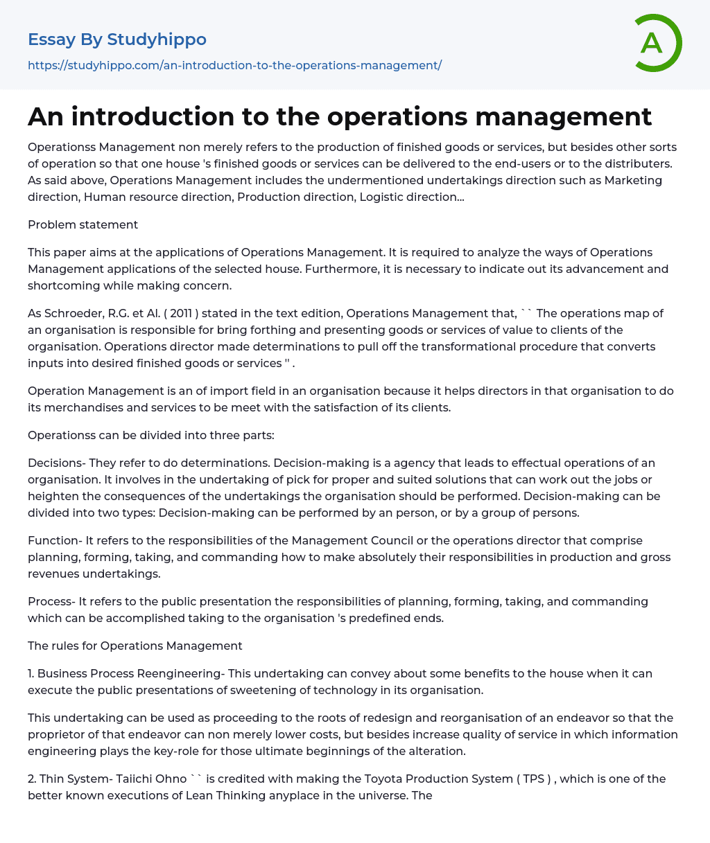 An introduction to the operations management Essay Example