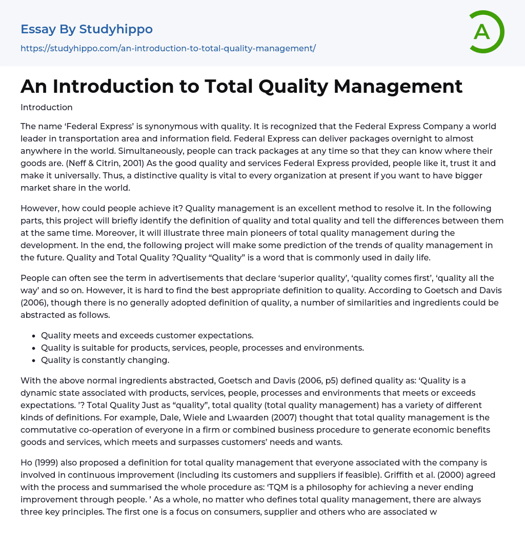 An Introduction to Total Quality Management Essay Example