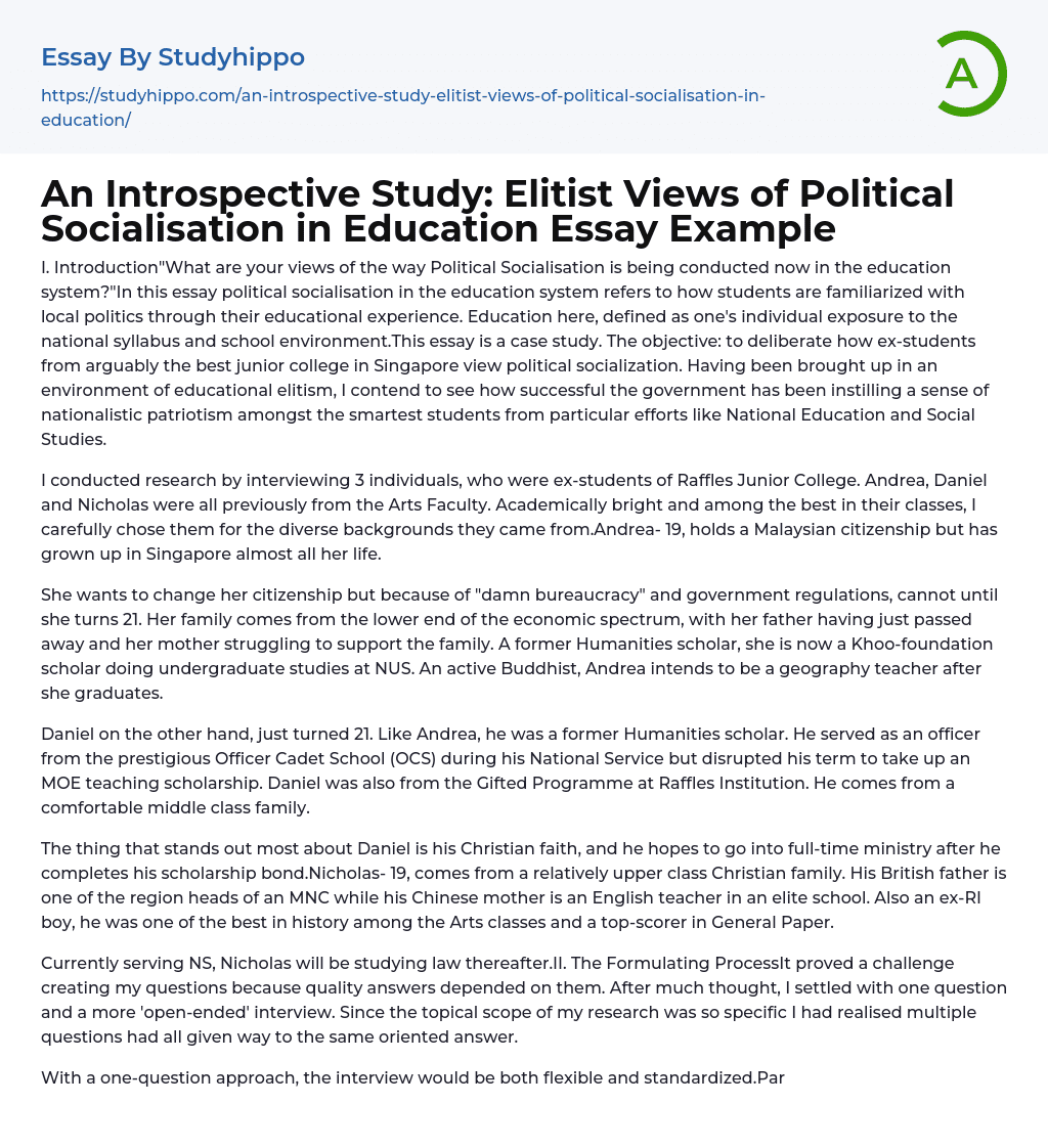 An Introspective Study: Elitist Views of Political Socialisation in Education Essay Example