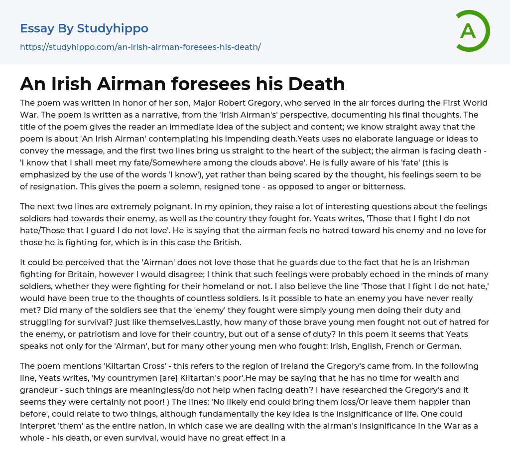 An Irish Airman foresees his Death Essay Example