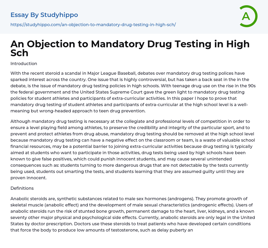 An Objection to Mandatory Drug Testing in High Sch Essay Example