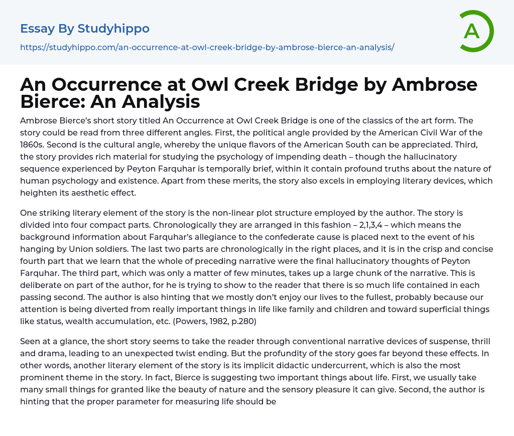 An Occurrence at Owl Creek Bridge by Ambrose Bierce: An Analysis Essay Example