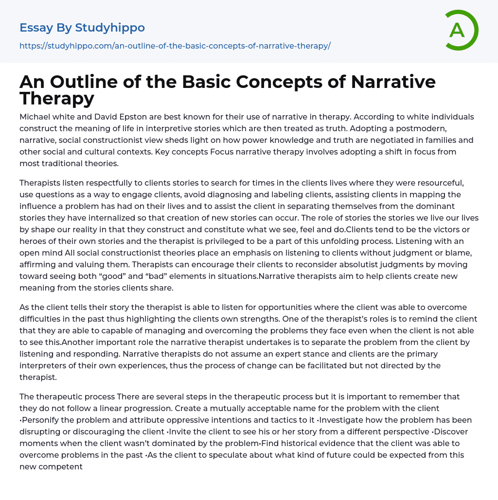 An Outline of the Basic Concepts of Narrative Therapy Essay Example