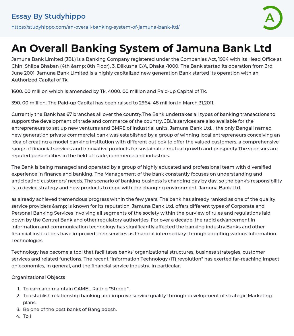 An Overall Banking System of Jamuna Bank Ltd Essay Example