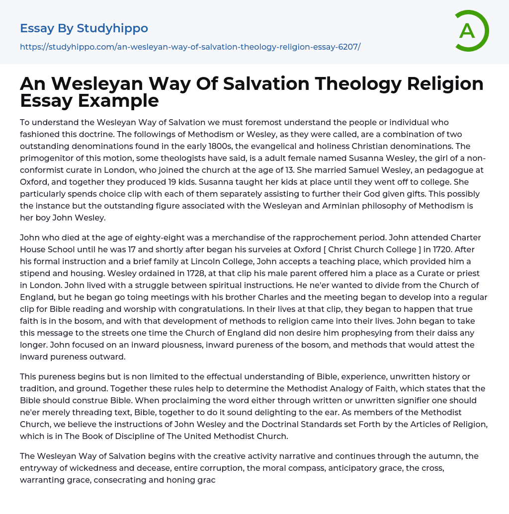 An Wesleyan Way Of Salvation Theology Religion Essay Example