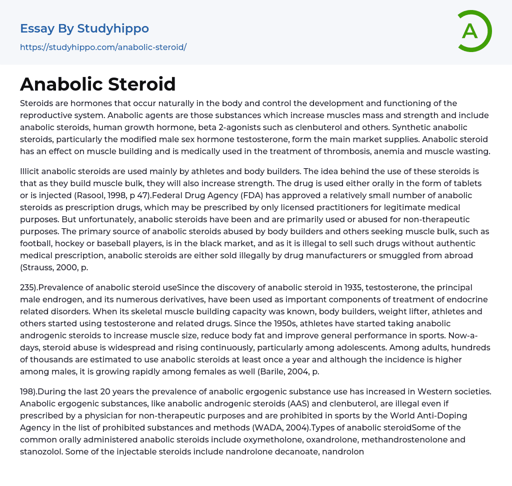 Anabolic Steroid Essay Example