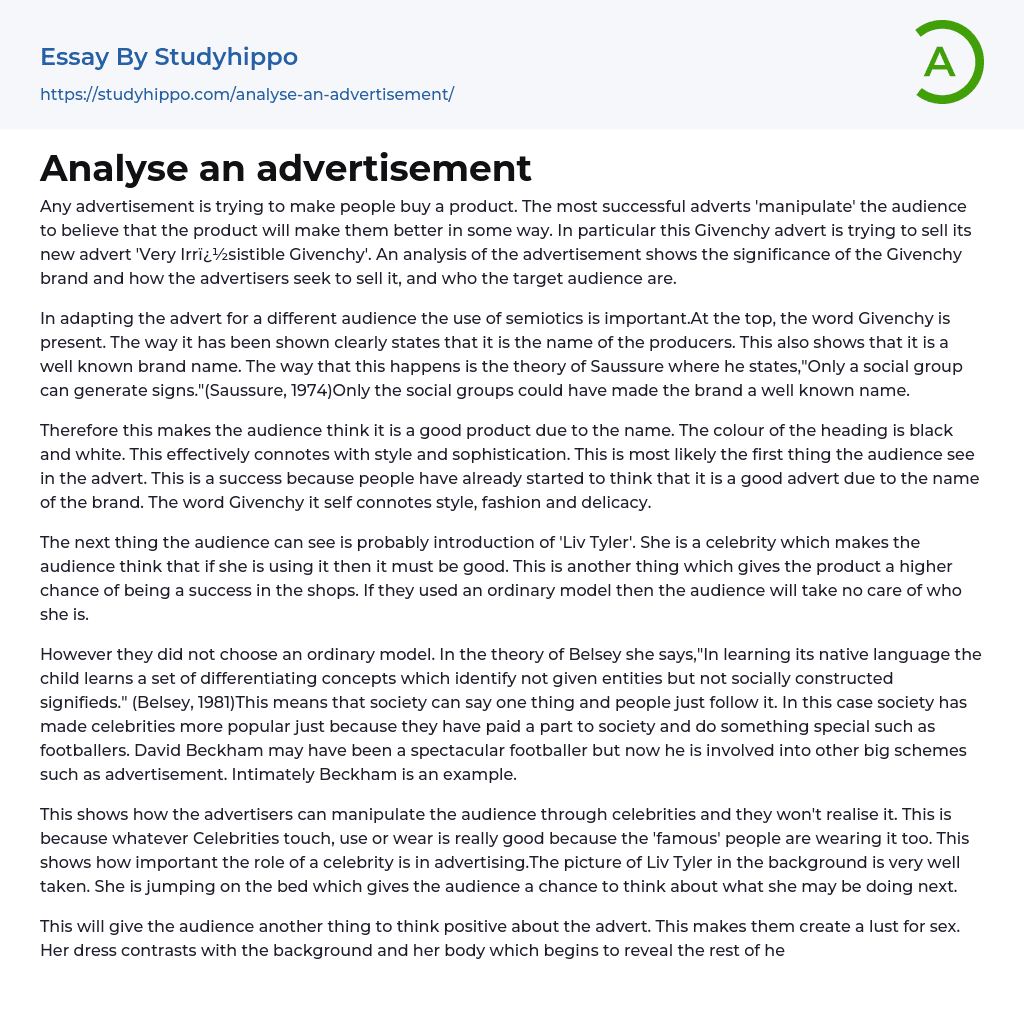 Analyse an advertisement Essay Example