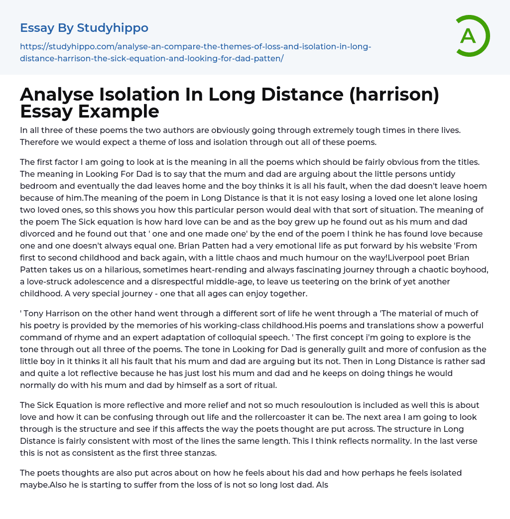 Analyse Isolation In Long Distance (harrison) Essay Example