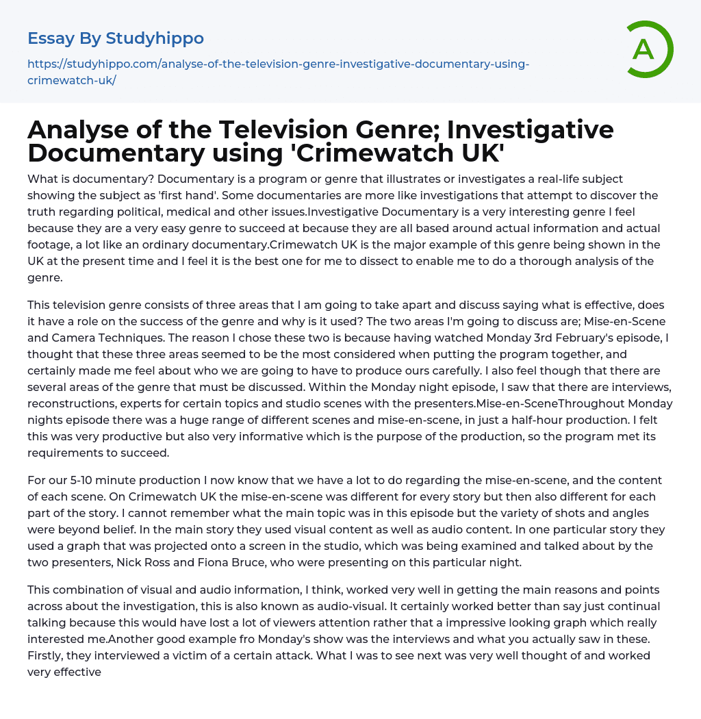 Analyse of the Television Genre; Investigative Documentary using ‘Crimewatch UK’ Essay Example