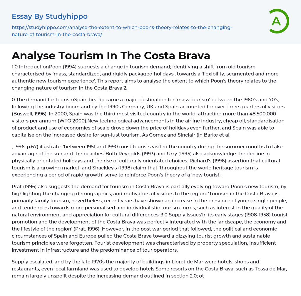 Analyse Tourism In The Costa Brava Essay Example