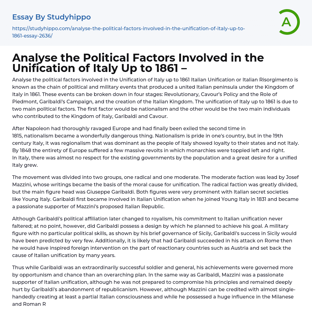Analyse the Political Factors Involved in the Unification of Italy Up to 1861 – Essay Example