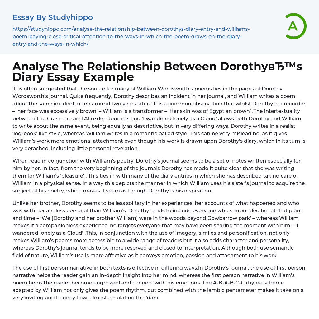 Analyse The Relationship Between Dorothy’s Diary Essay Example