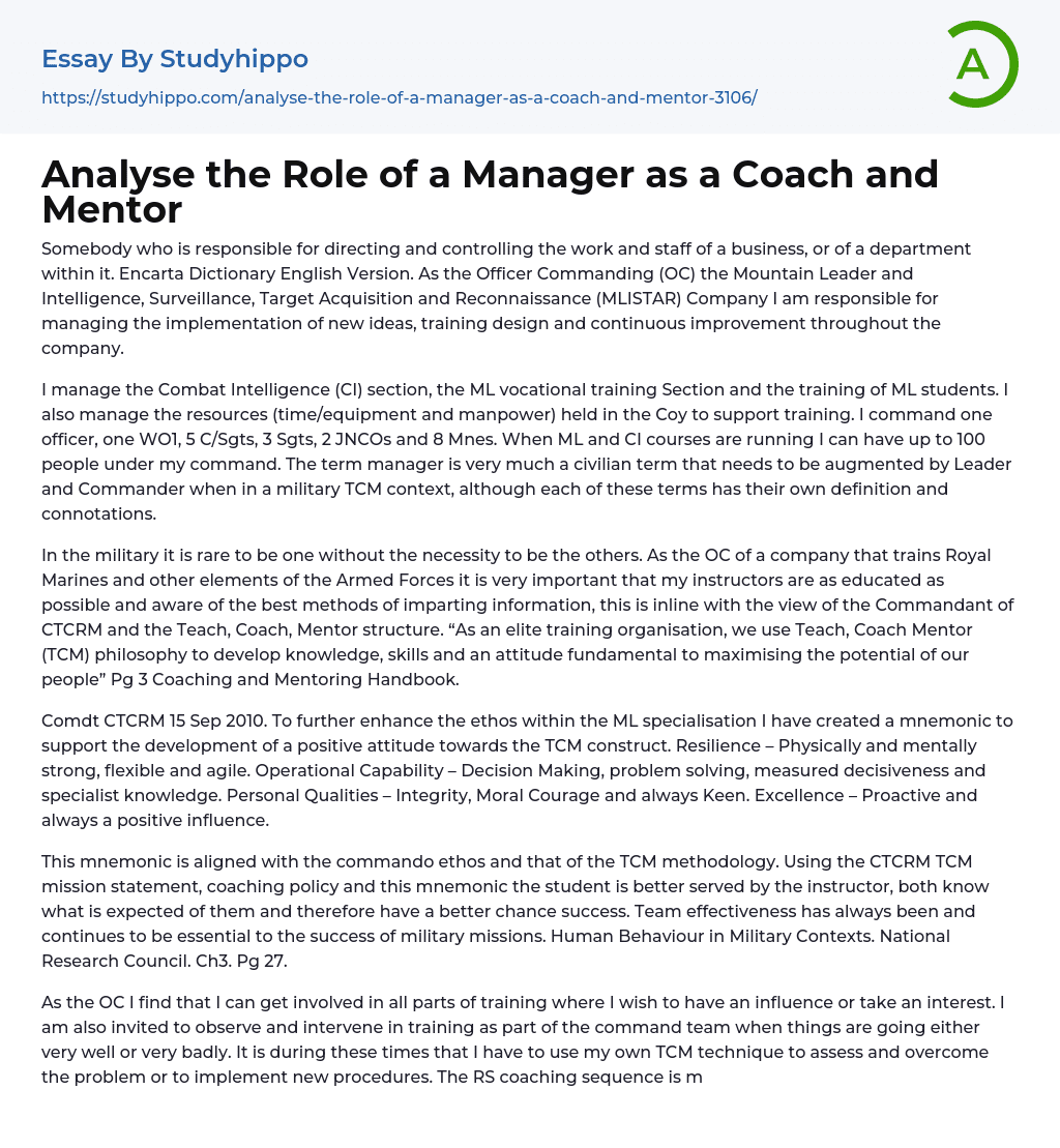 Analyse the Role of a Manager as a Coach and Mentor Essay Example