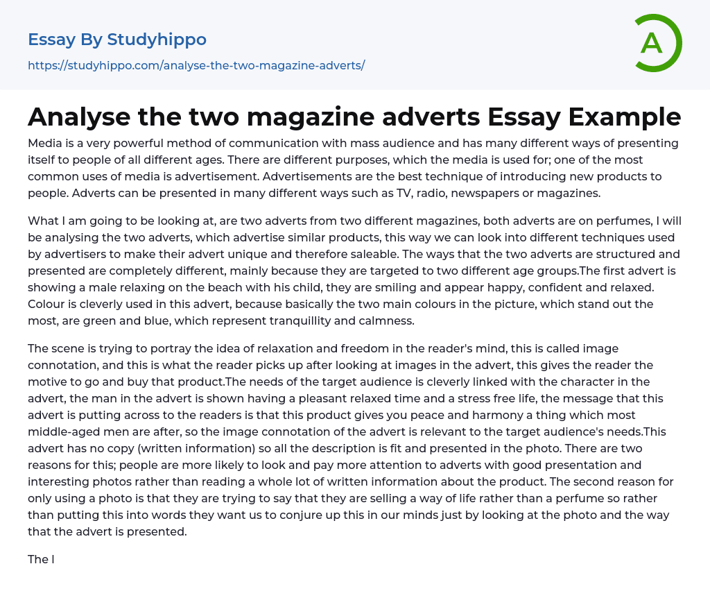Analyse the two magazine adverts Essay Example
