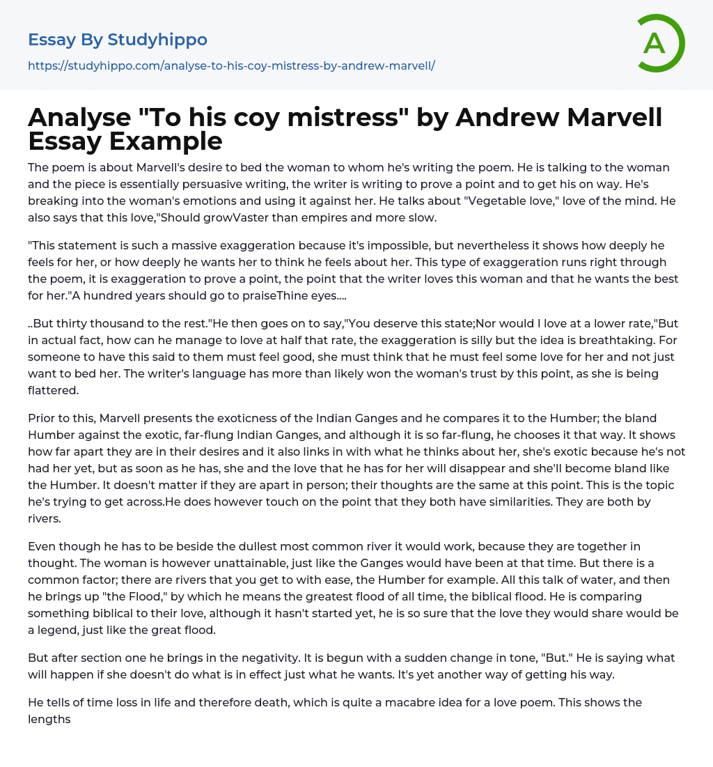 Analyse “To his coy mistress” by Andrew Marvell Essay Example