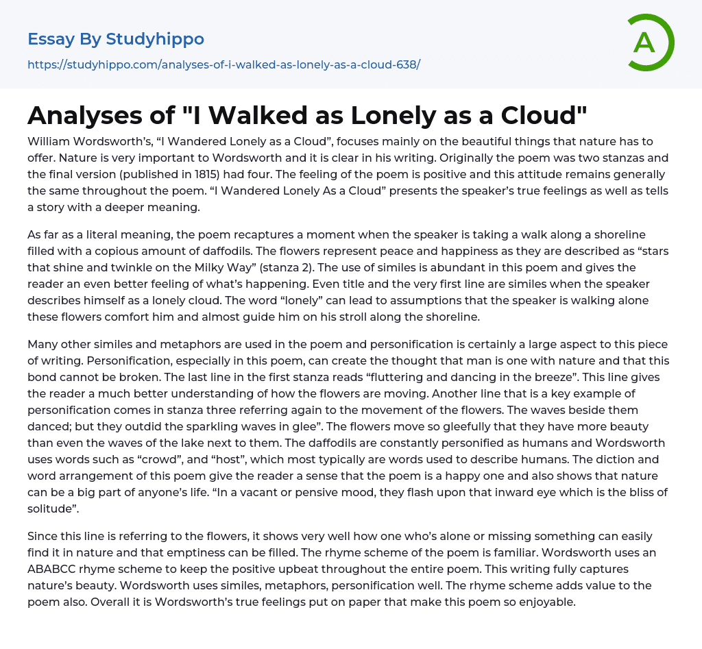 Analyses of “I Walked as Lonely as a Cloud” Essay Example