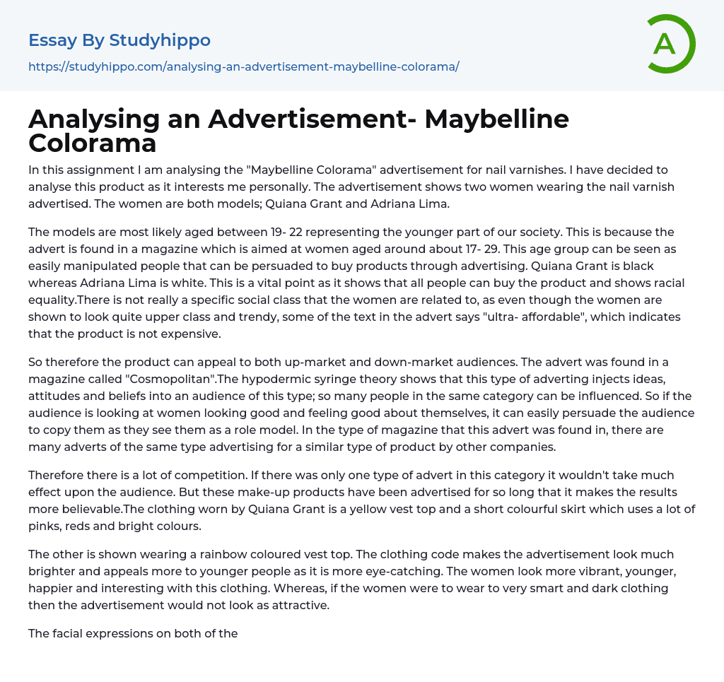 Analysing an Advertisement- Maybelline Colorama Essay Example