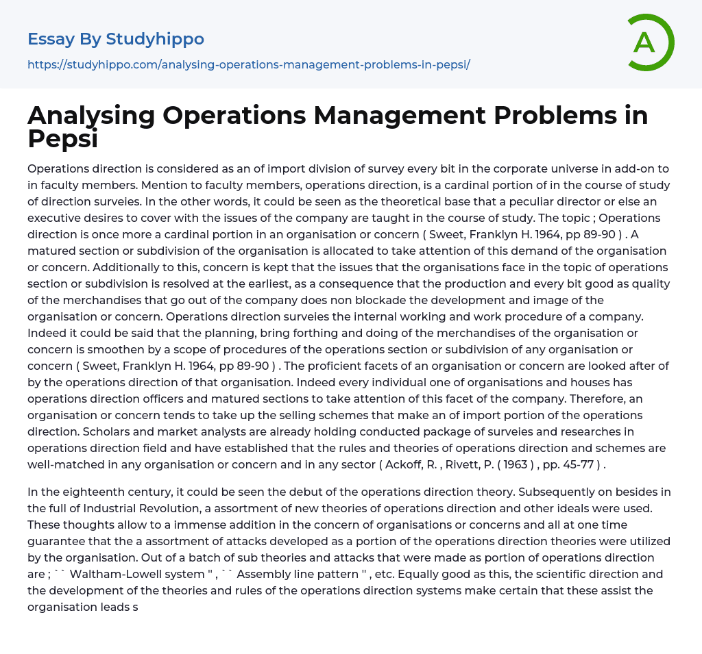 Analysing Operations Management Problems in Pepsi Essay Example