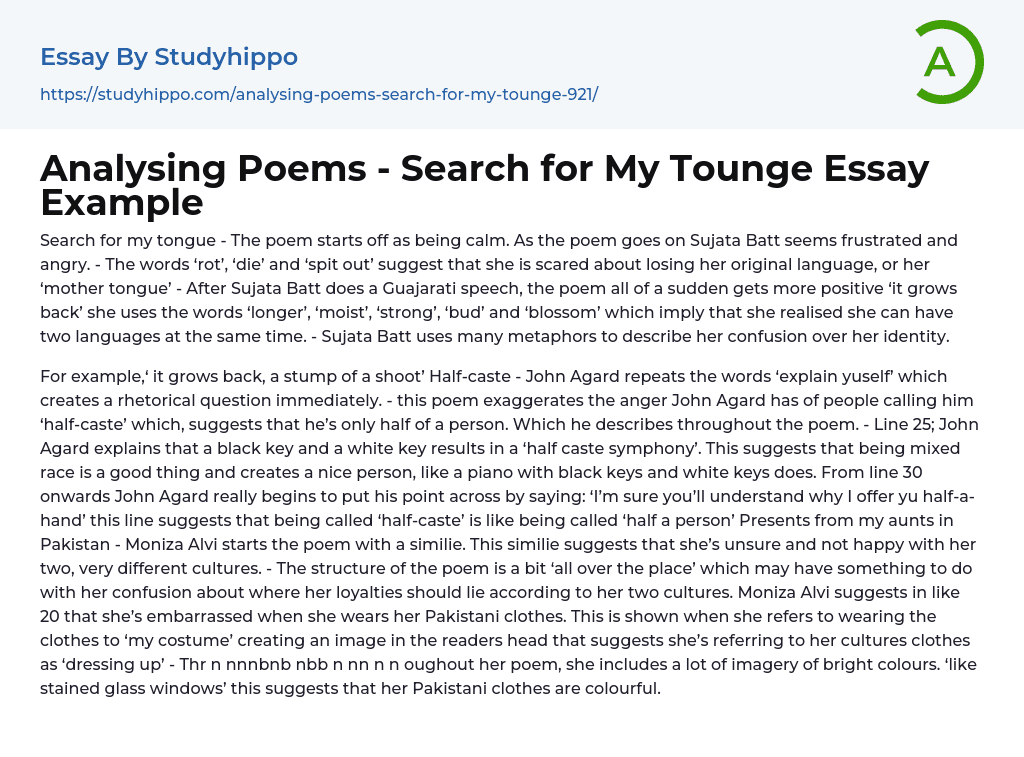Analysing Poems – Search for My Tounge Essay Example